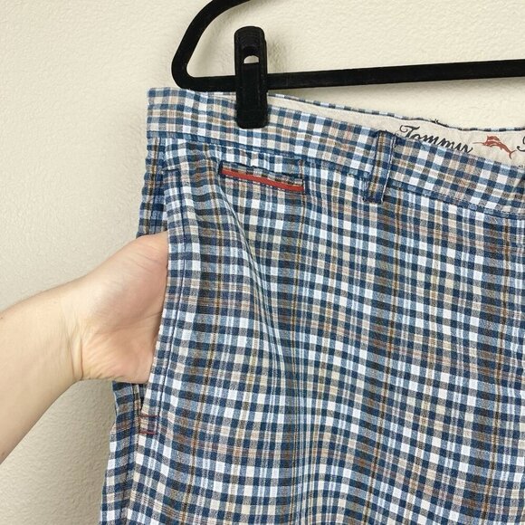 Tommy Bahama Men's 40 Plaid Gingham Plaid Linen Blend Shorts Blue Tan Flat Front - Picture 4 of 14